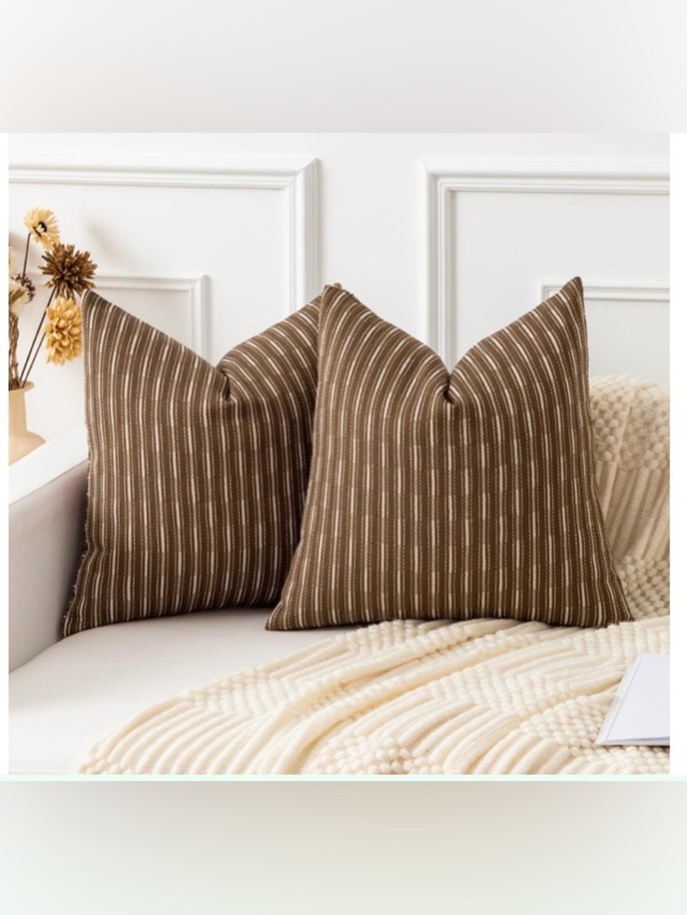 Striped Decorative Pillow Covers SQUARE 24x24” BROWN (2-pack)